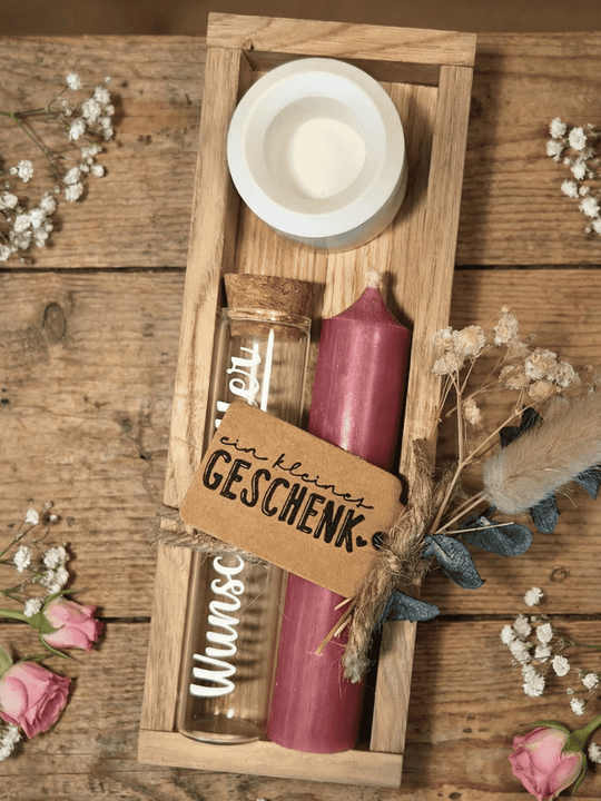 Geld - Geschenkset: 1 Kerze mit Wunscherfüller | Altrosa - Alles auf Anfang - personalisierte Geschenke für Frauen