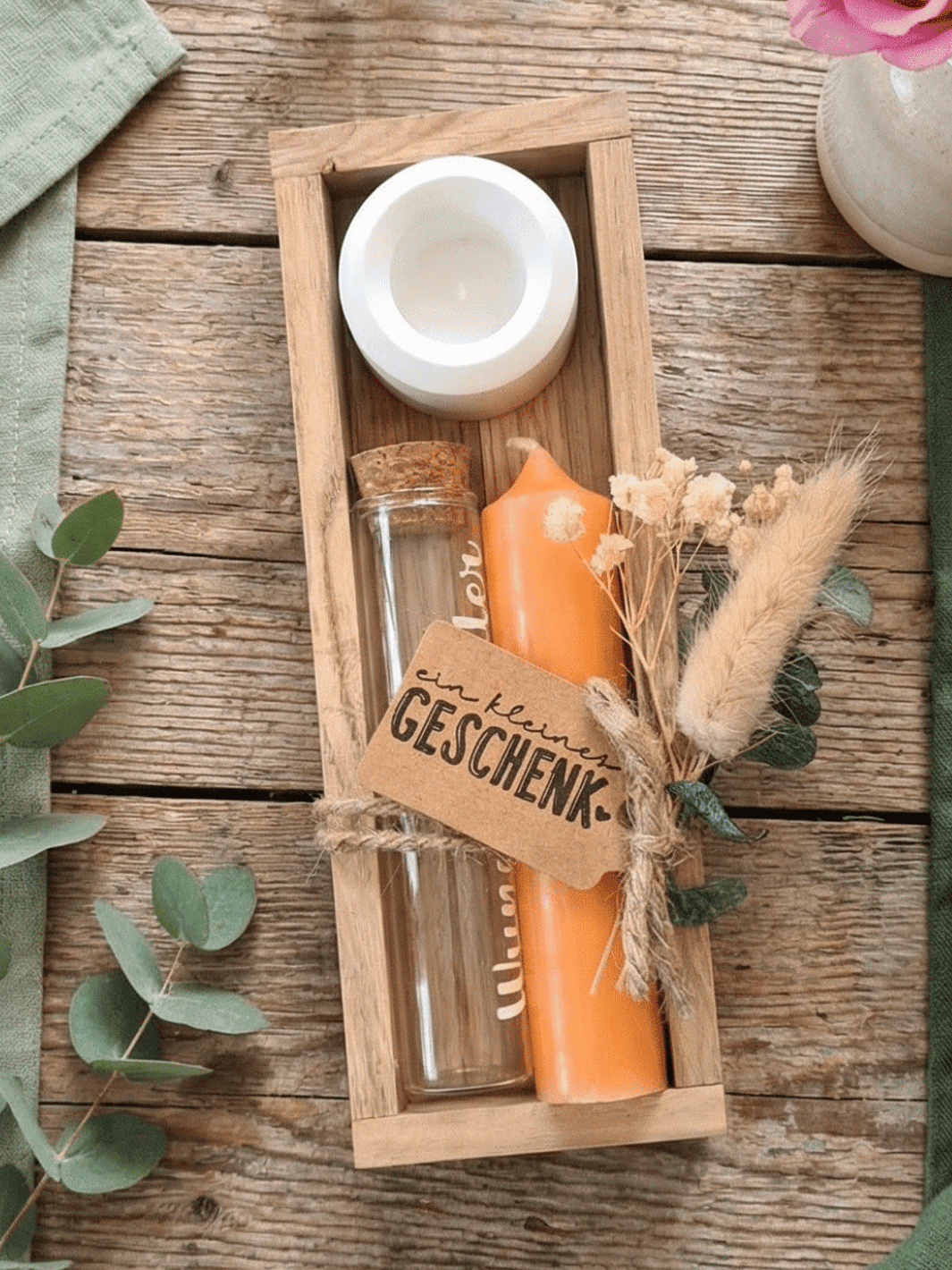 Geld - Geschenkset: 1 Kerze mit Wunscherfüller | orange - Alles auf Anfang - personalisierte Geschenke für Frauen