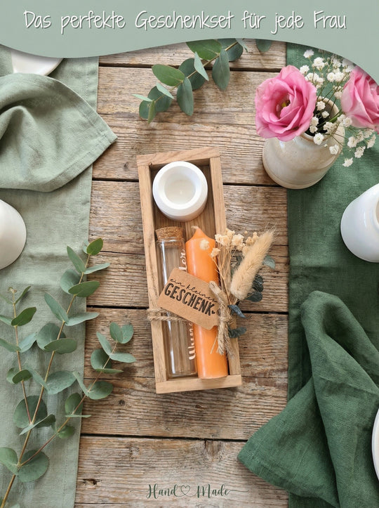 Geld - Geschenkset: 1 Kerze mit Wunscherfüller | orange - Alles auf Anfang - personalisierte Geschenke für Frauen