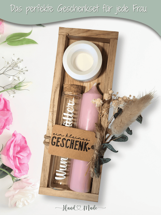 Geld - Geschenkset: 1 Kerze mit Wunscherfüller | Rosa - Alles auf Anfang - personalisierte Geschenke für Frauen