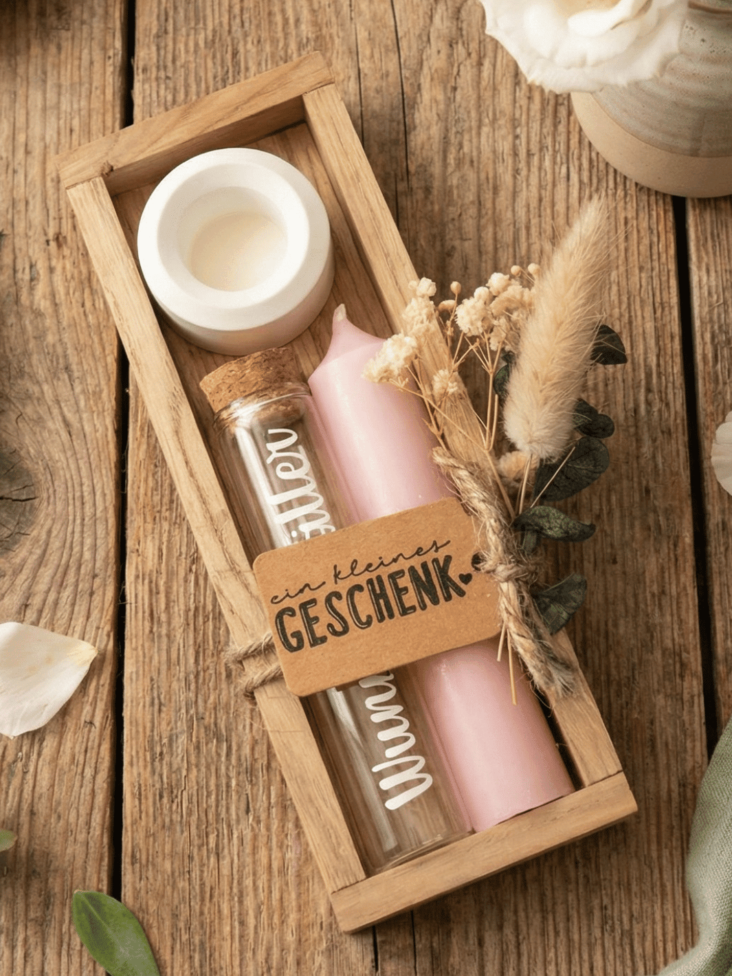 Geld - Geschenkset: 1 Kerze mit Wunscherfüller | Rosa - Alles auf Anfang - personalisierte Geschenke für Frauen