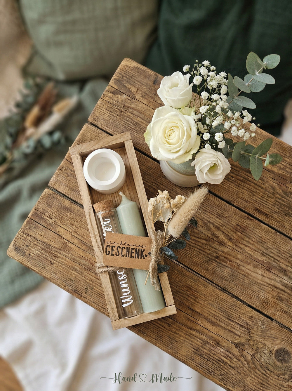 Geld - Geschenkset: 1 Kerze mit Wunscherfüller | salbeigrün - Alles auf Anfang - personalisierte Geschenke für Frauen