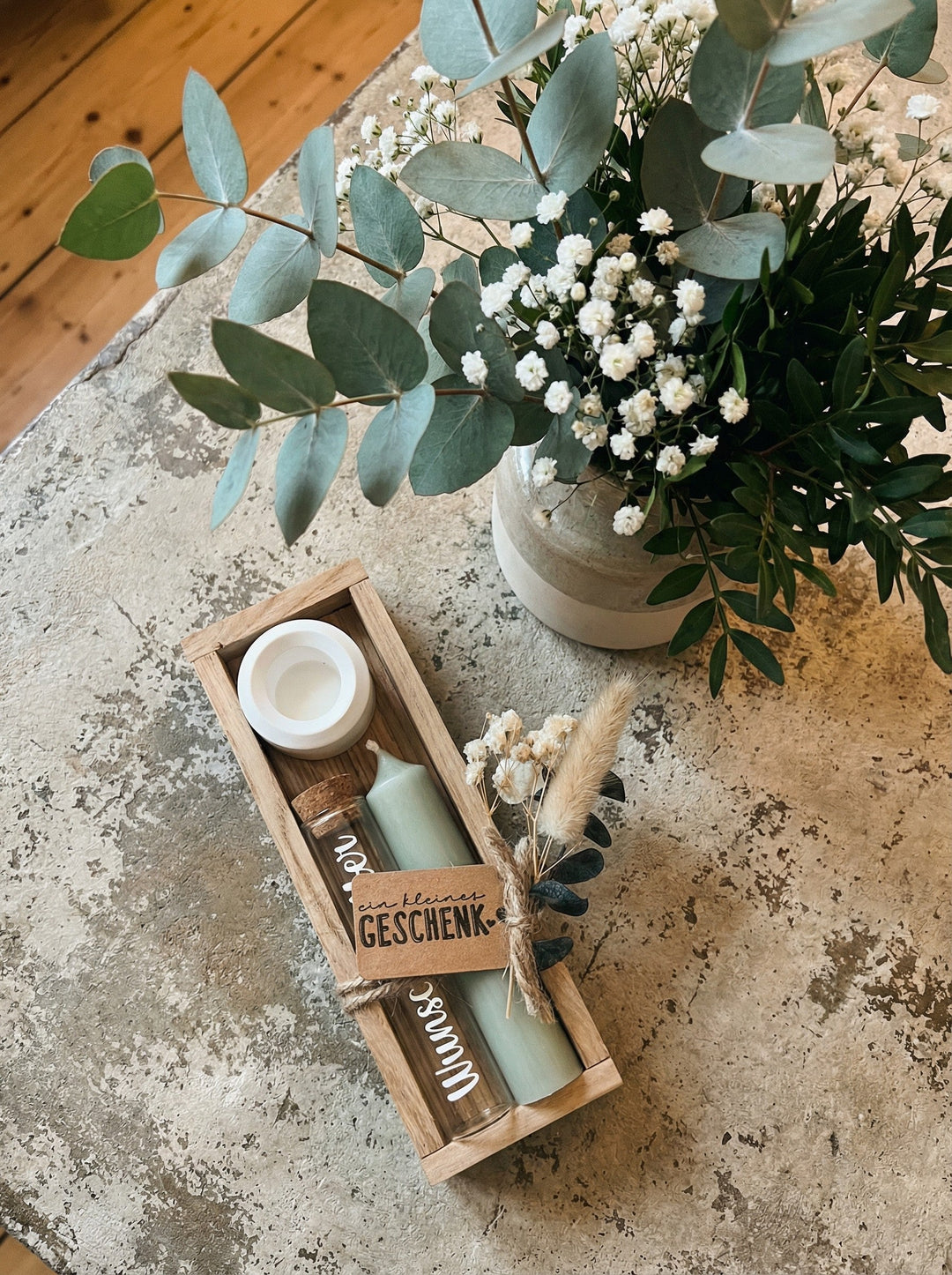 Geld - Geschenkset: 1 Kerze mit Wunscherfüller | salbeigrün - Alles auf Anfang - personalisierte Geschenke für Frauen