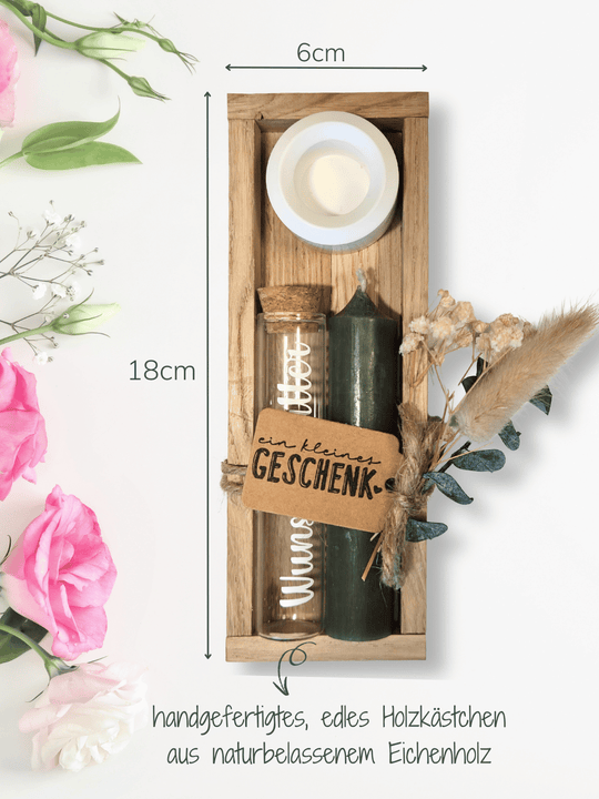 Geld - Geschenkset: 1 Kerze mit Wunscherfüller | waldgrün - Alles auf Anfang - personalisierte Geschenke für Frauen