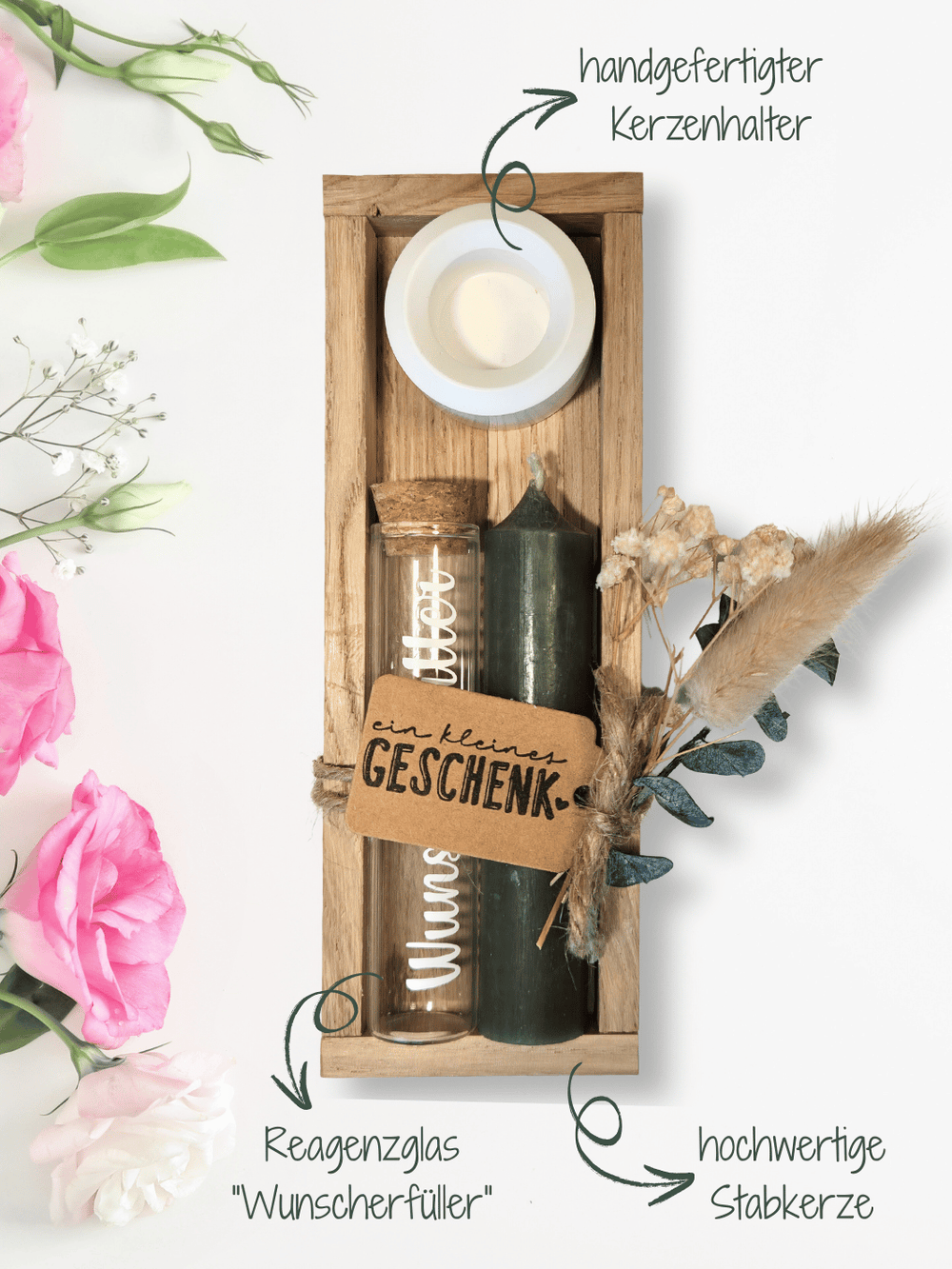 Geld - Geschenkset: 1 Kerze mit Wunscherfüller | waldgrün - Alles auf Anfang - personalisierte Geschenke für Frauen