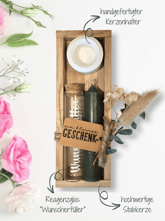 Geld - Geschenkset: 1 Kerze mit Wunscherfüller | waldgrün - Alles auf Anfang - personalisierte Geschenke für Frauen
