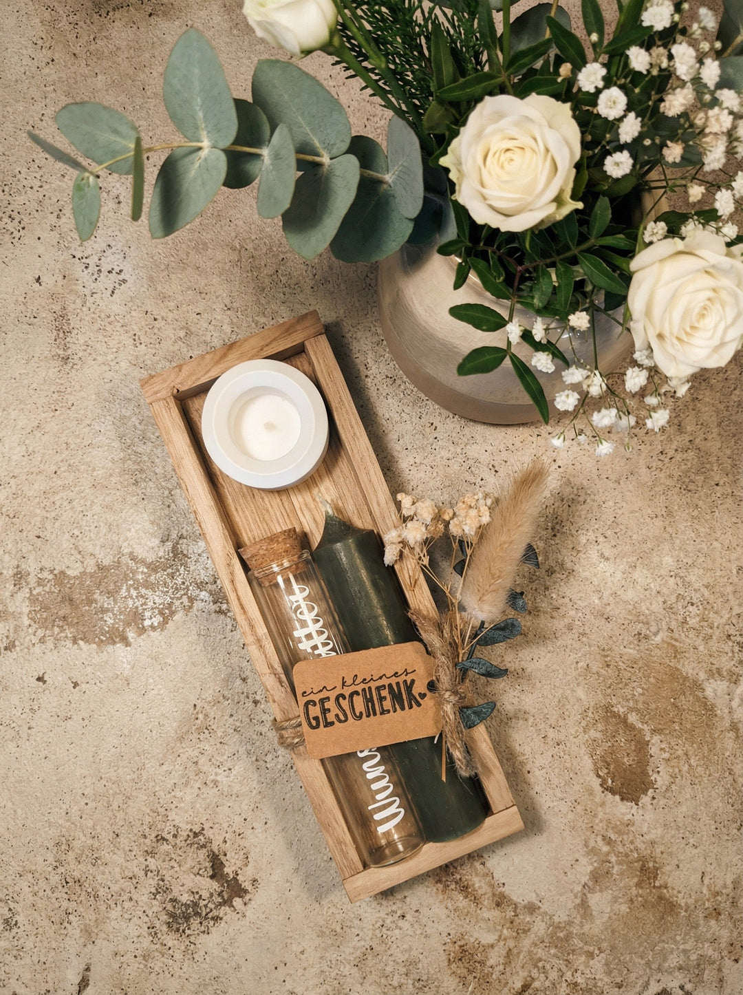 Geld - Geschenkset: 1 Kerze mit Wunscherfüller | waldgrün - Alles auf Anfang - personalisierte Geschenke für Frauen