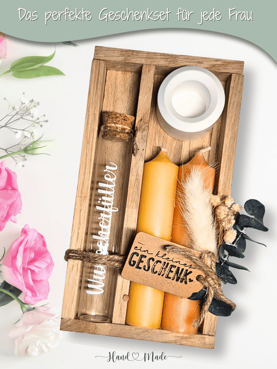 Geld - Geschenkset: 2 Kerzen mit Wunscherfüller | Gelb - Töne - Alles auf Anfang - personalisierte Geschenke für Frauen