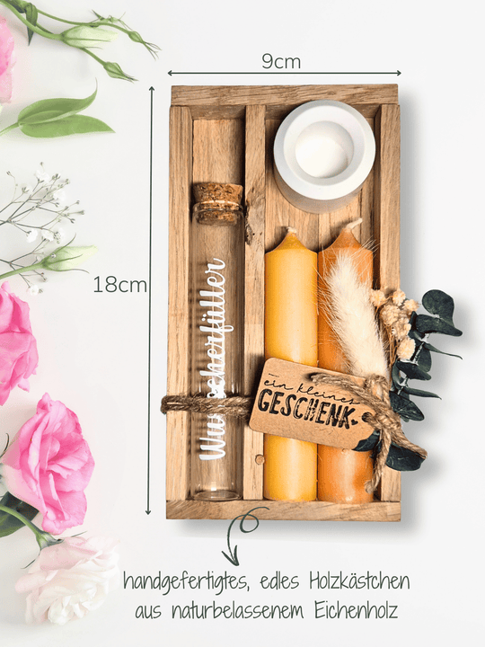 Geld - Geschenkset: 2 Kerzen mit Wunscherfüller | Gelb - Töne - Alles auf Anfang - personalisierte Geschenke für Frauen