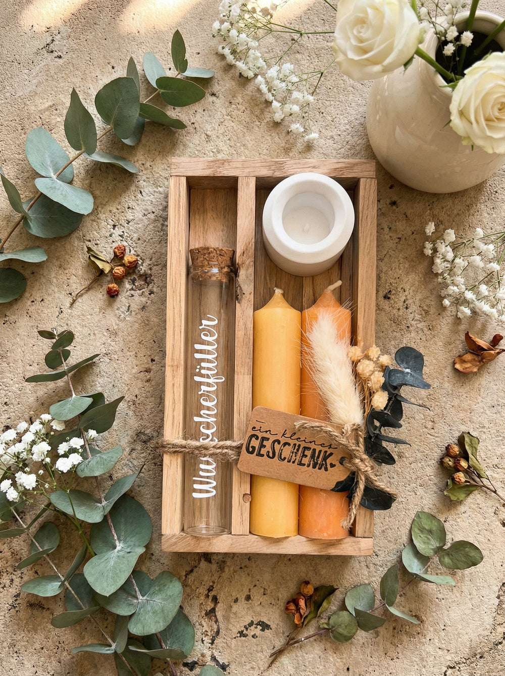 Geld - Geschenkset: 2 Kerzen mit Wunscherfüller | Gelb - Töne - Alles auf Anfang - personalisierte Geschenke für Frauen