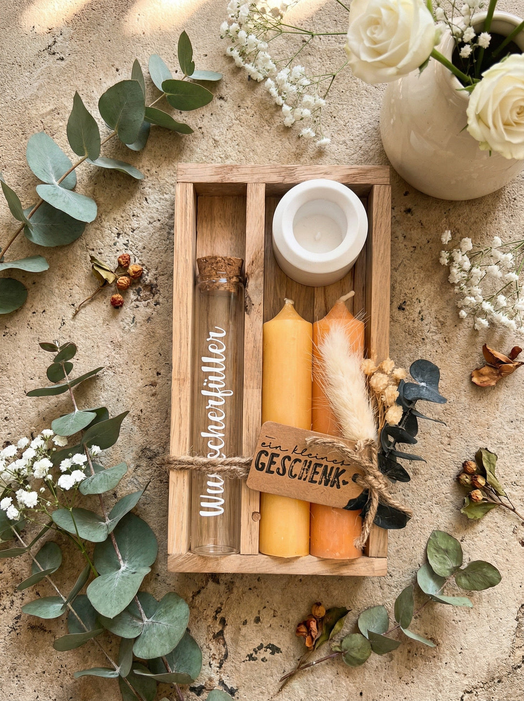 Geld - Geschenkset: 2 Kerzen mit Wunscherfüller | Gelb - Töne - Alles auf Anfang - personalisierte Geschenke für Frauen