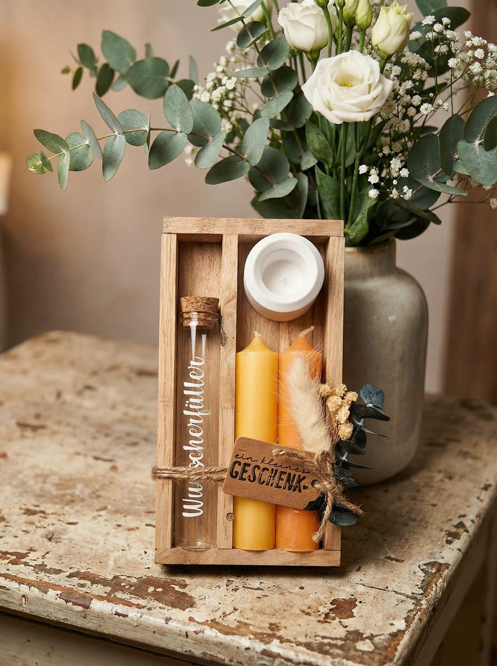 Geld - Geschenkset: 2 Kerzen mit Wunscherfüller | Gelb - Töne - Alles auf Anfang - personalisierte Geschenke für Frauen