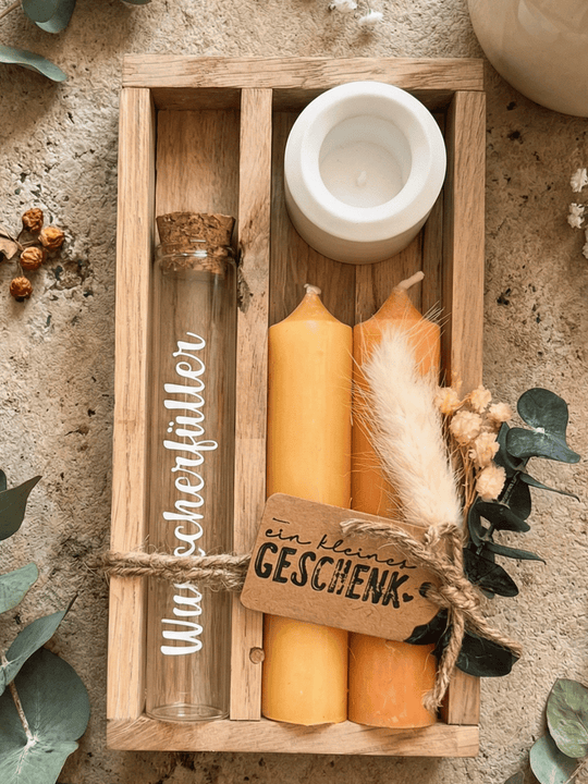 Geld - Geschenkset: 2 Kerzen mit Wunscherfüller | Gelb - Töne - Alles auf Anfang - personalisierte Geschenke für Frauen