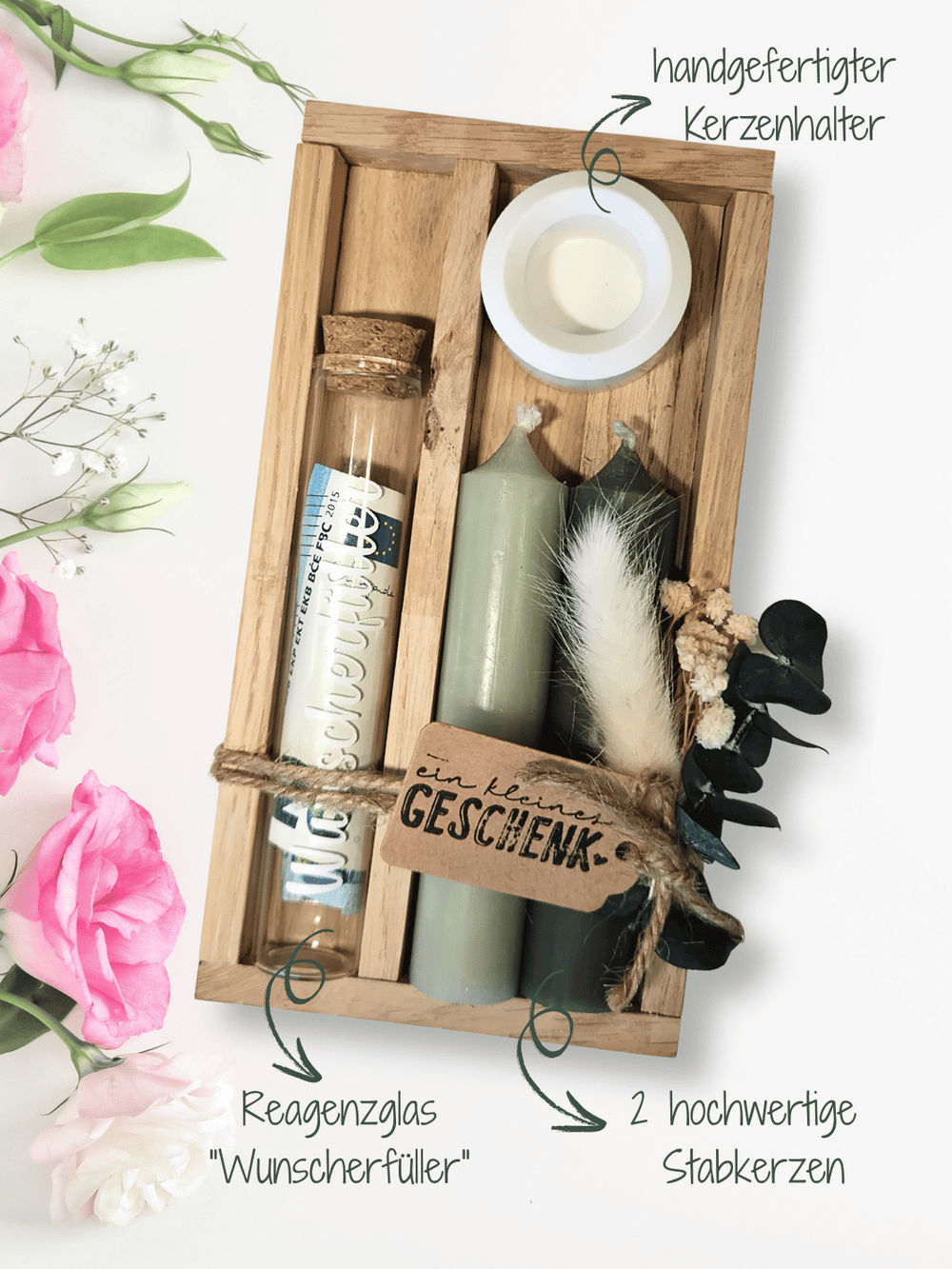 Geld - Geschenkset: 2 Kerzen mit Wunscherfüller | Grün - Töne - Alles auf Anfang - personalisierte Geschenke für Frauen