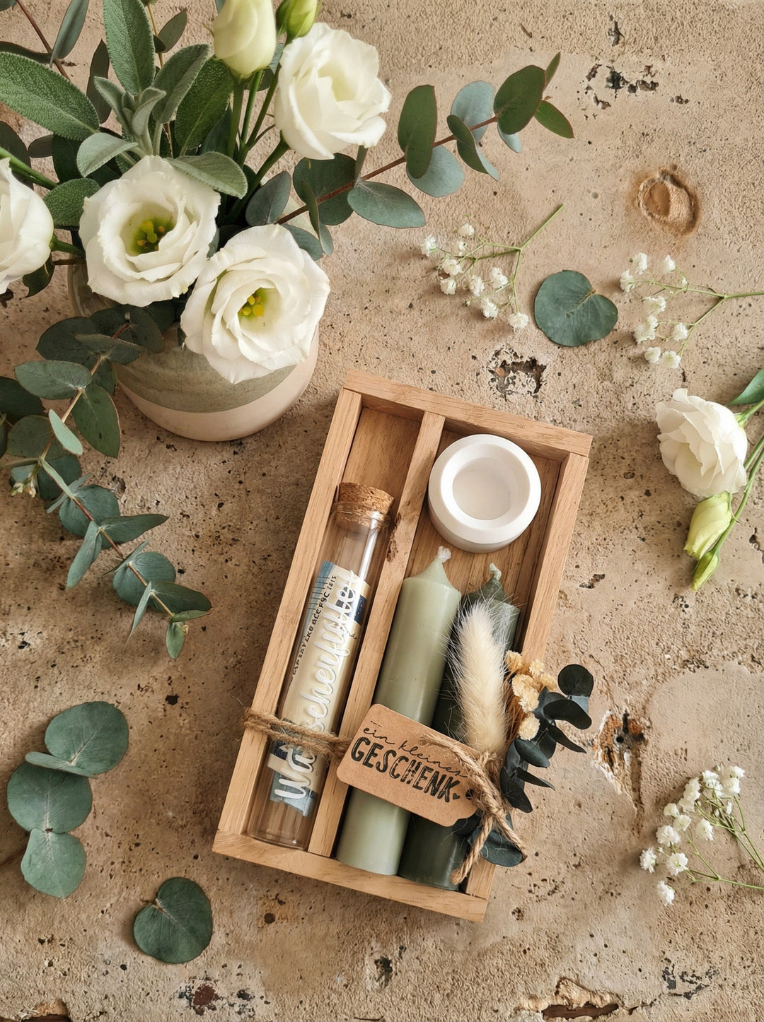 Geld - Geschenkset: 2 Kerzen mit Wunscherfüller | Grün - Töne - Alles auf Anfang - personalisierte Geschenke für Frauen