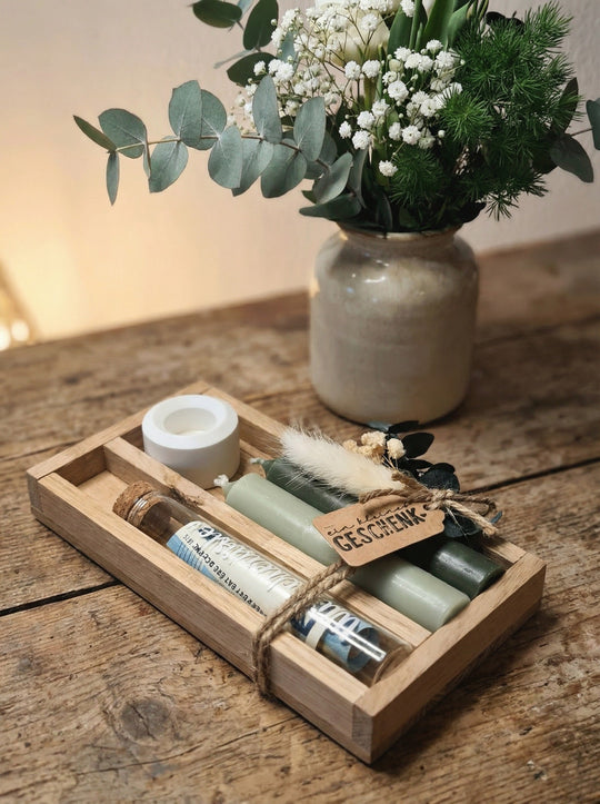 Geld - Geschenkset: 2 Kerzen mit Wunscherfüller | Grün - Töne - Alles auf Anfang - personalisierte Geschenke für Frauen