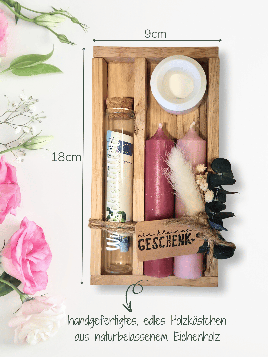Geld - Geschenkset: 2 Kerzen mit Wunscherfüller | Rosa - Töne - Alles auf Anfang - personalisierte Geschenke für Frauen