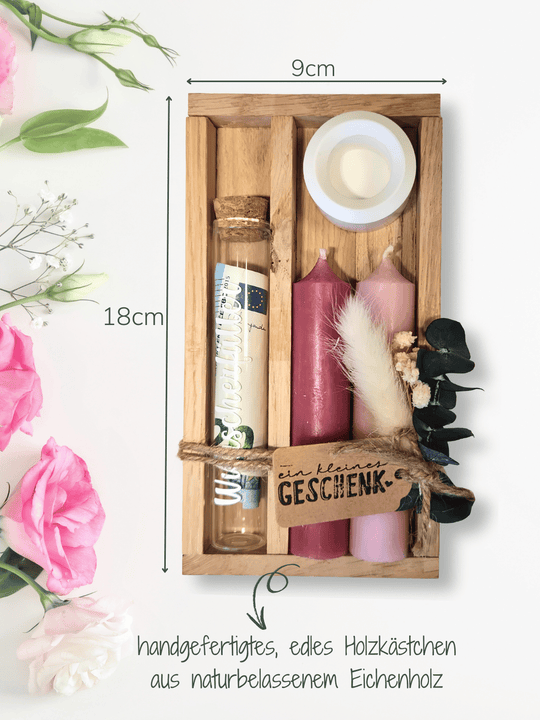 Geld - Geschenkset: 2 Kerzen mit Wunscherfüller | Rosa - Töne - Alles auf Anfang - personalisierte Geschenke für Frauen