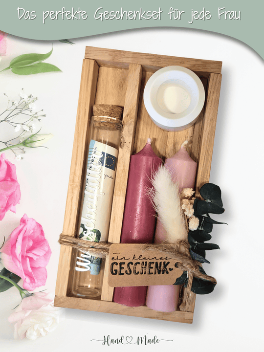 Geld - Geschenkset: 2 Kerzen mit Wunscherfüller | Rosa - Töne - Alles auf Anfang - personalisierte Geschenke für Frauen