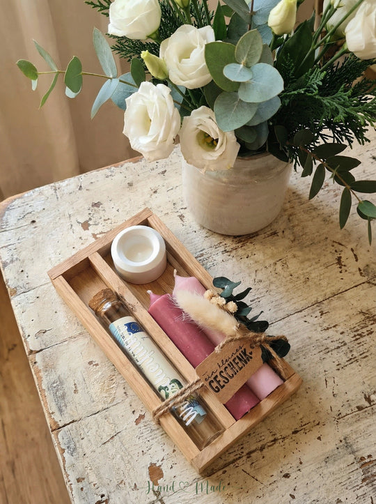 Geld - Geschenkset: 2 Kerzen mit Wunscherfüller | Rosa - Töne - Alles auf Anfang - personalisierte Geschenke für Frauen