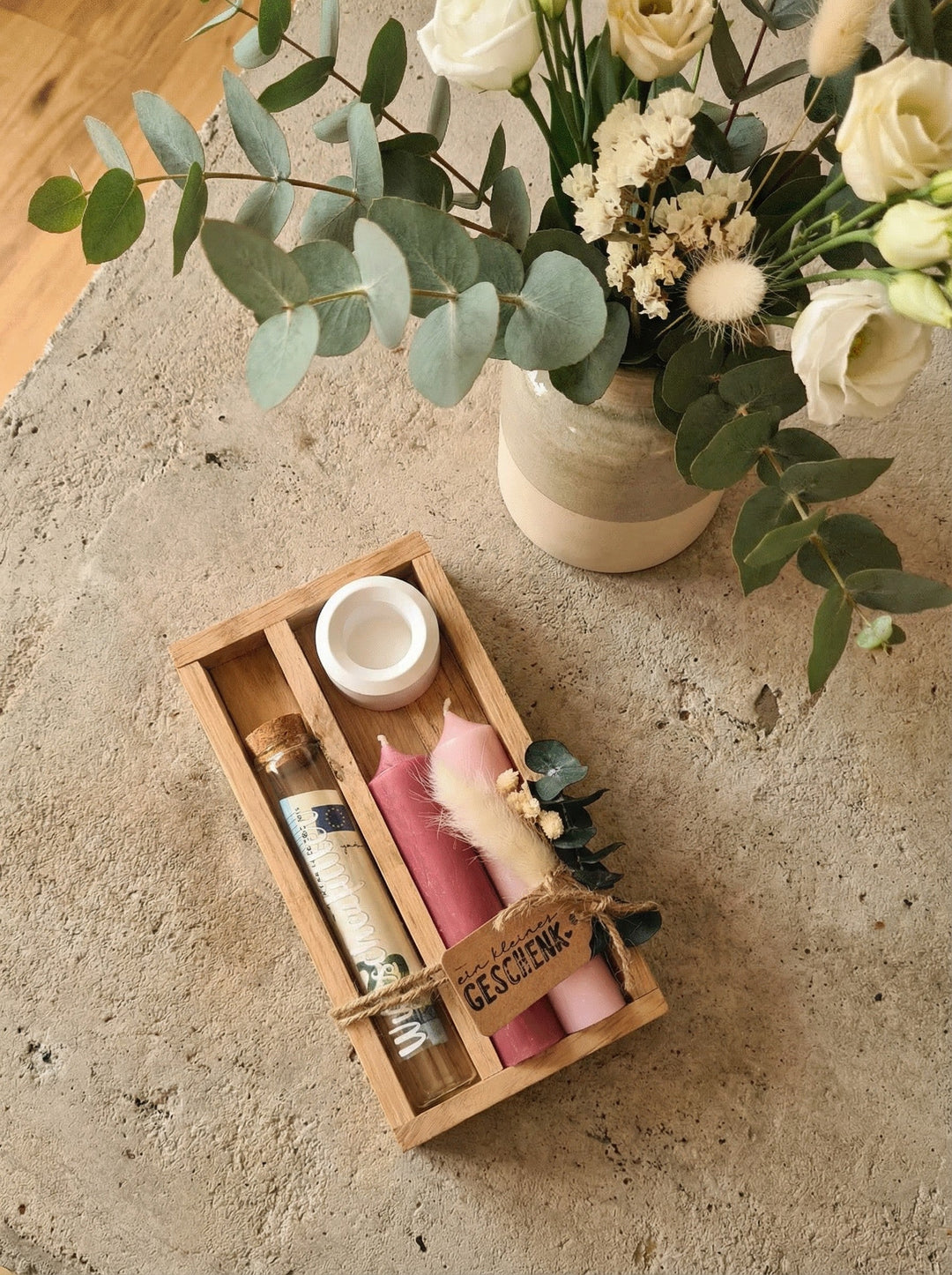 Geld - Geschenkset: 2 Kerzen mit Wunscherfüller | Rosa - Töne - Alles auf Anfang - personalisierte Geschenke für Frauen