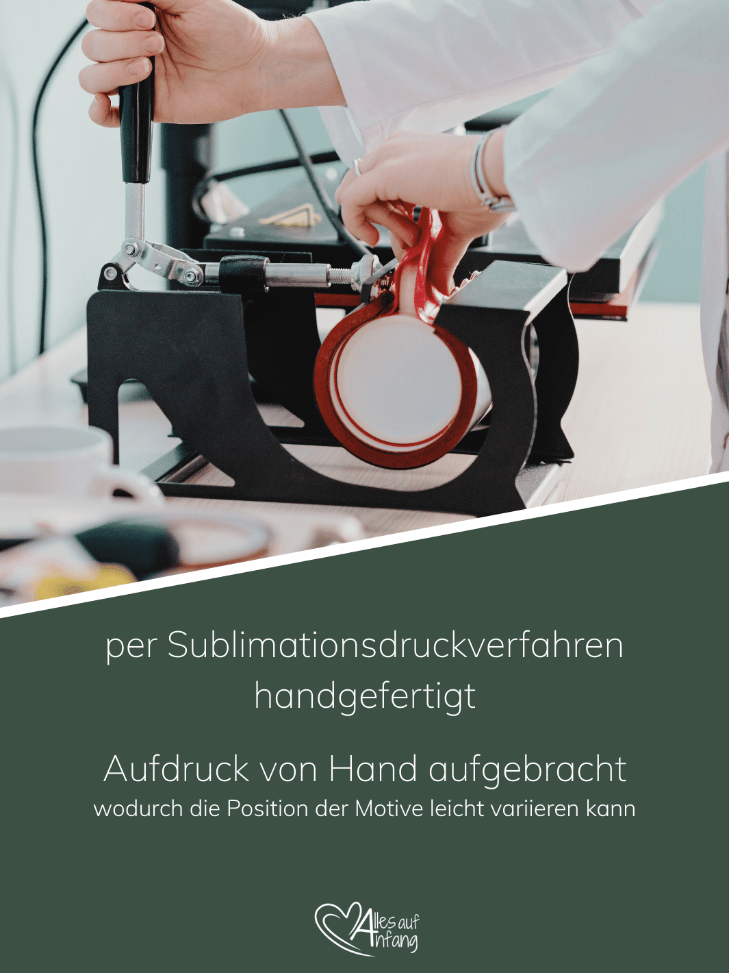Darstellung des Sublimationsverfahrens für langlebige, farbintensive Designs auf unseren Produkten – Achtsame Geschenke für Frauen bei Alles auf Anfang in Bedburg, NRW