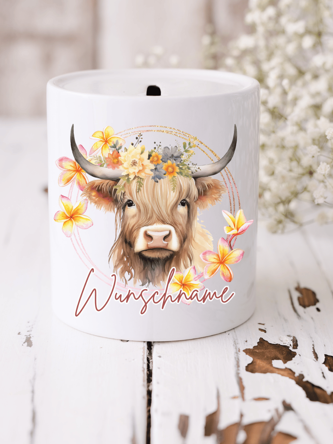 Keramikspardose Highland Cow personalisiert - achtsame Geschenke für Frauen bei Alles auf Anfang, Bedburg NRW