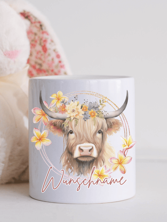 Keramikspardose Highland Cow personalisiert - achtsame Geschenke für Frauen bei Alles auf Anfang, Bedburg NRW