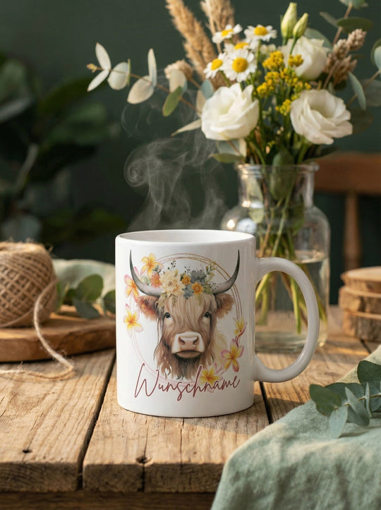 Keramiktasse Highland Cow personalisierbar - achtsame Geschenke für Frauen bei Alles auf Anfang, Bedburg NRW