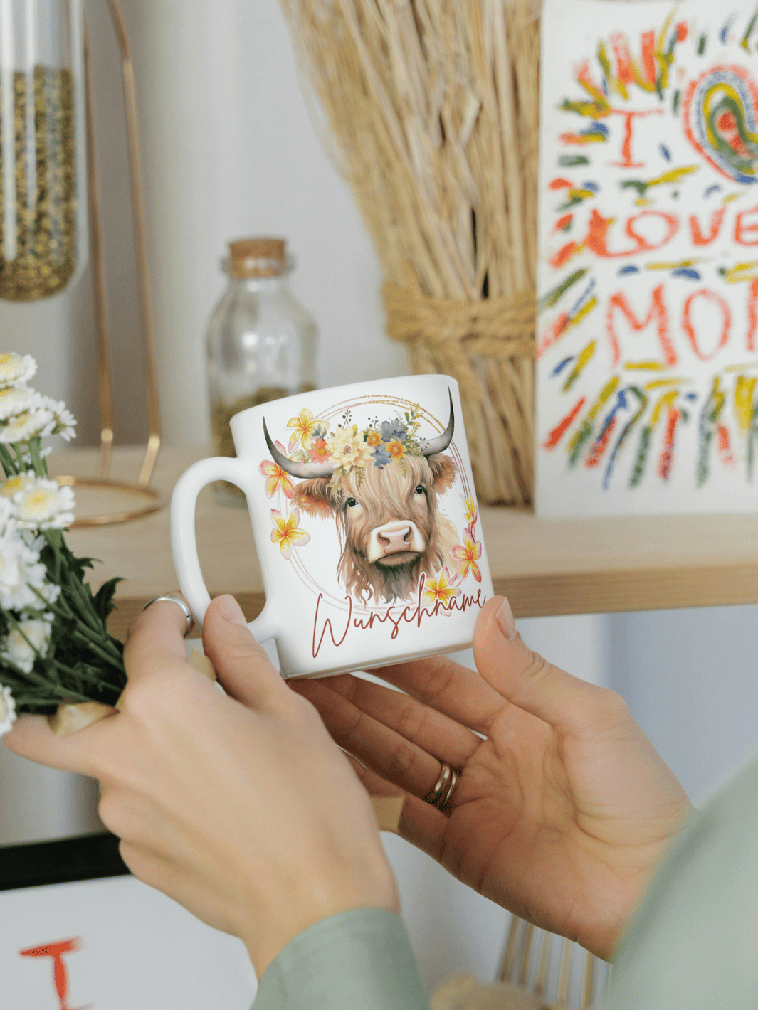 Keramiktasse Highland Cow personalisierbar - achtsame Geschenke für Frauen bei Alles auf Anfang, Bedburg NRW