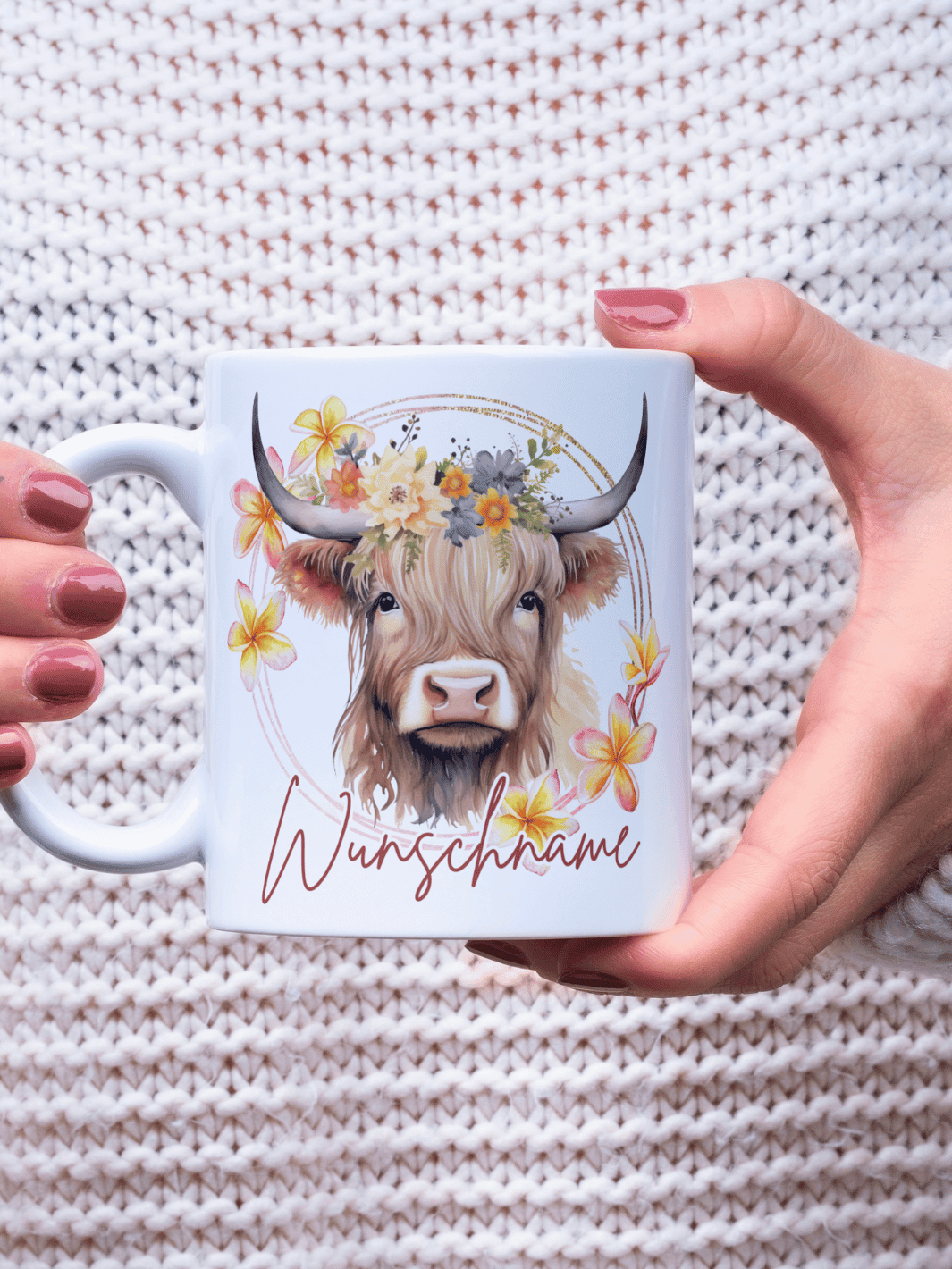 Keramiktasse Highland Cow personalisierbar - achtsame Geschenke für Frauen bei Alles auf Anfang, Bedburg NRW