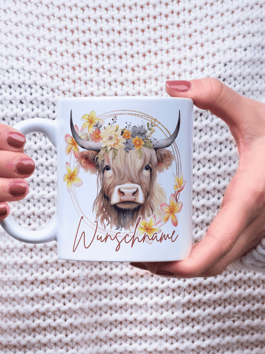 Keramiktasse Highland Cow personalisierbar - achtsame Geschenke für Frauen bei Alles auf Anfang, Bedburg NRW