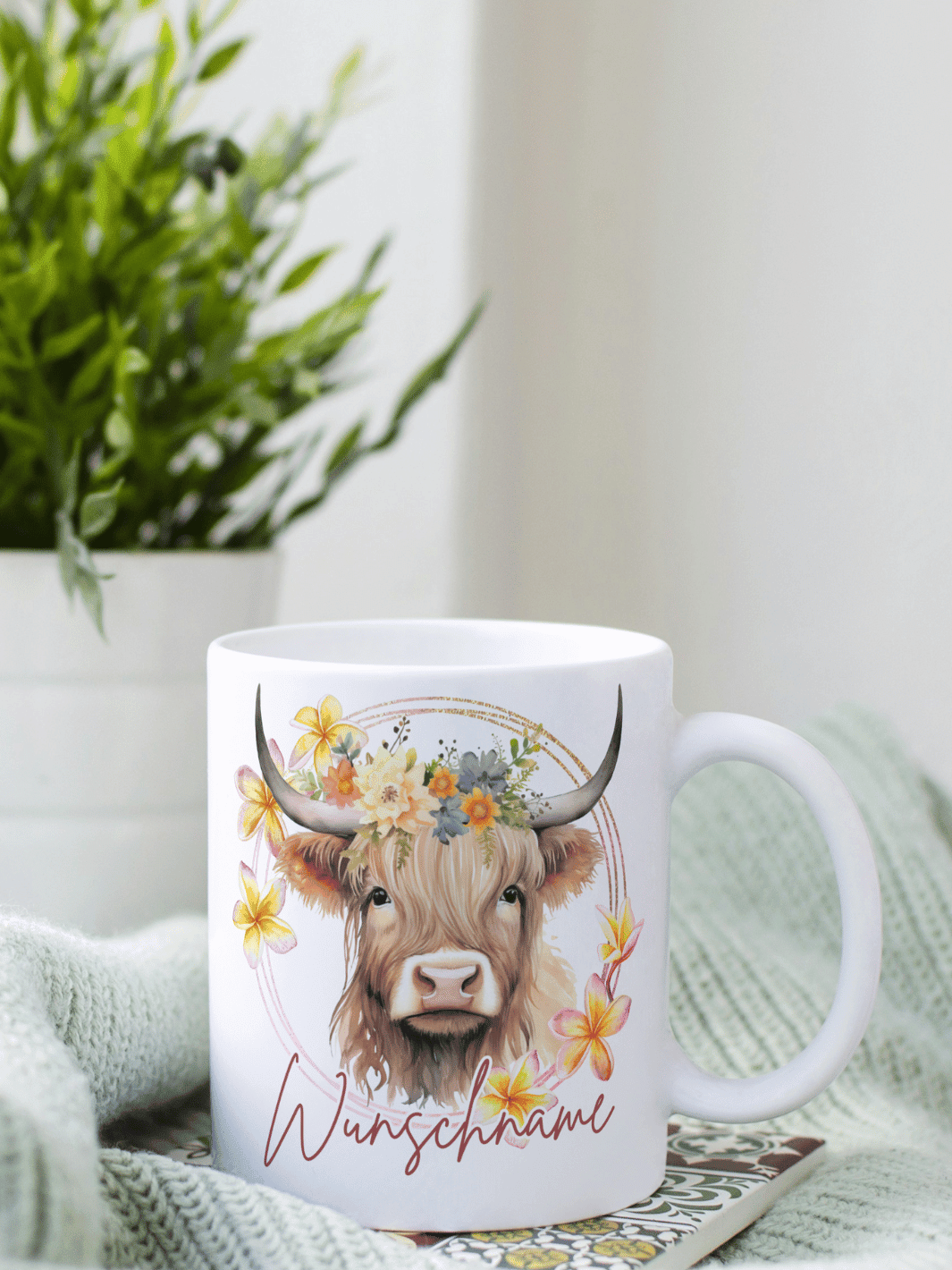 Keramiktasse Highland Cow personalisierbar - achtsame Geschenke für Frauen bei Alles auf Anfang, Bedburg NRW