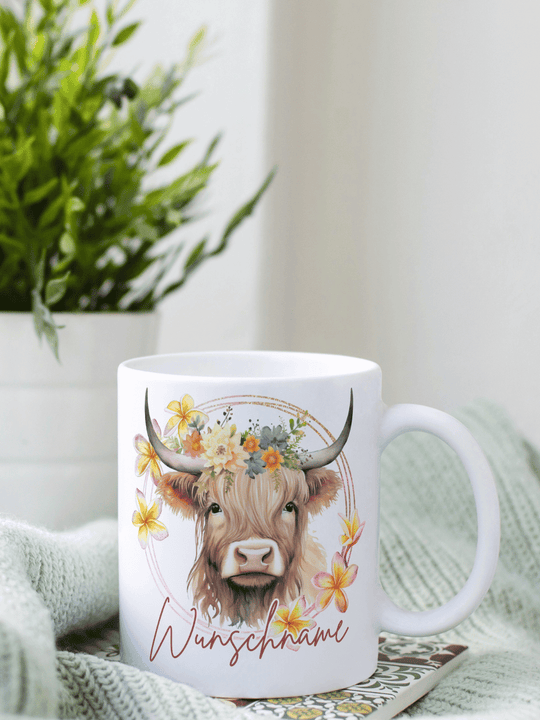Keramiktasse Highland Cow personalisierbar - achtsame Geschenke für Frauen bei Alles auf Anfang, Bedburg NRW
