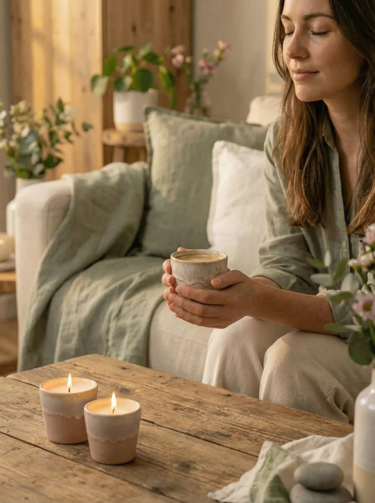 Abgebrannte Sojakerze als Kaffeebecher im Alltag verwendet von Frau. Achtsame Geschenke für Frauen bei Alles auf Anfang in Bedburg, NRW