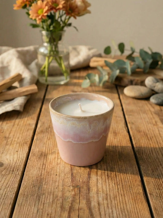 Kerze im Kaffeebecher aus Steinzeug mit duftfreiem Sojawachs in Rosa. Achtsame Geschenke für Frauen bei Alles auf Anfang in Bedburg, NRW