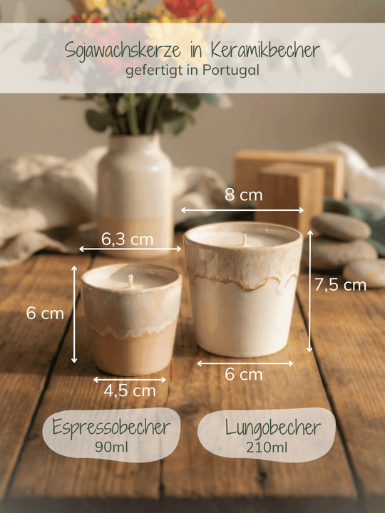 Größenangaben zu 2-in-1 Kerze im Espresso- oder Lungo-Becher aus glasierter Keramik mit Sojawachs Achtsame Geschenke für Frauen bei Alles auf Anfang in Bedburg, NRW