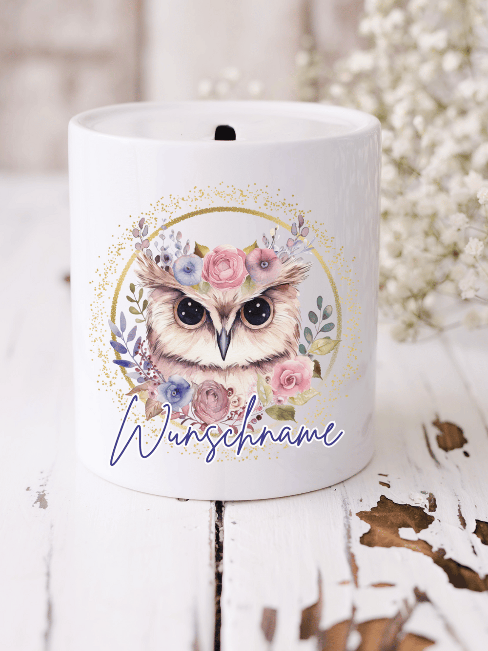 Keramikspardose mit weiser Eule im Aquarellstil – personalisierbar mit Namen. Schönes Geschenk für Schulanfang oder kleine Nachteulen. Alles auf Anfang 💚 Geschenke für Herz & Seele