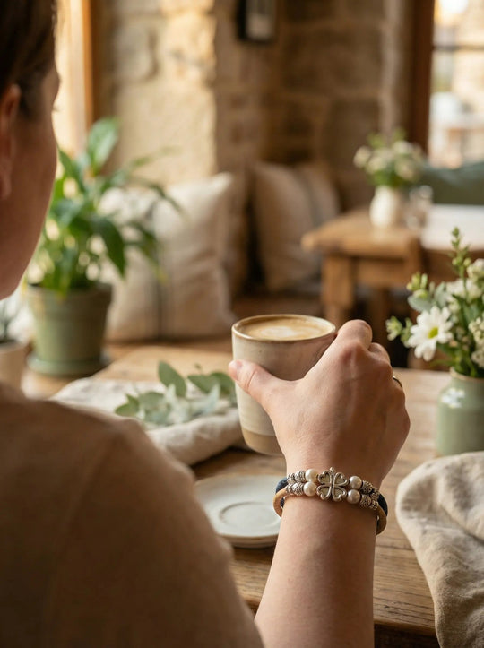Frau trägt blaues Kleeblatt Korkarmband - achtsame Geschenke für Frauen bei Alles auf Anfang in Bedburg, NRW