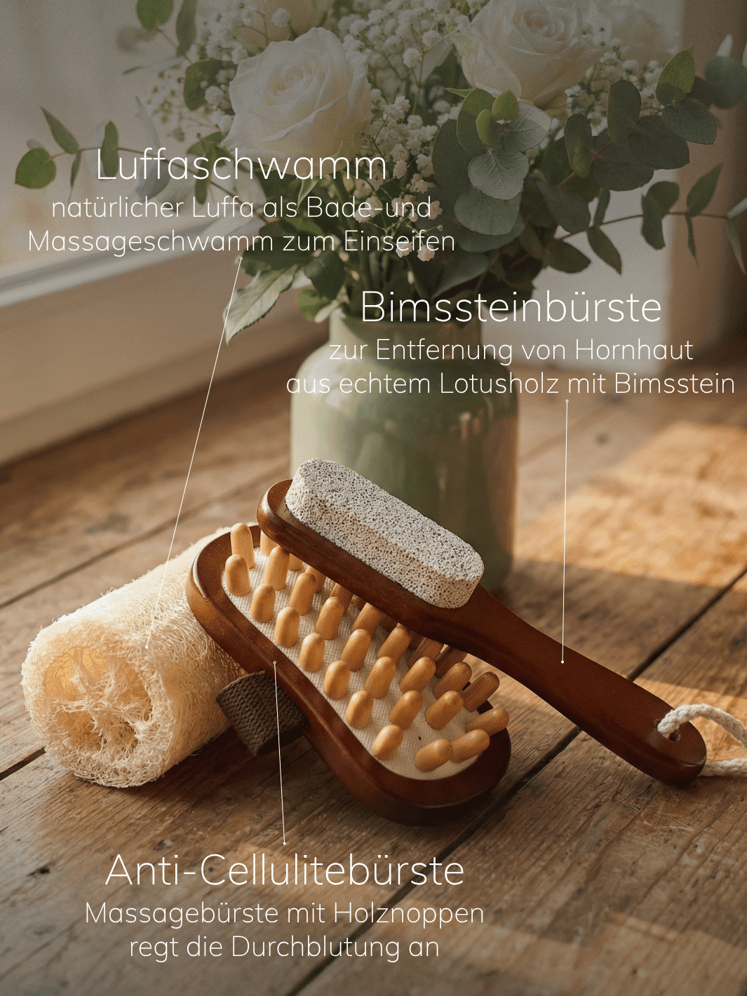 Luffaschwamm, Bimssteinbürste, Anti-Cellulitebürste aus dem Wellness-Geschenkset. Achtsame Geschenke für Frauen von Alles auf Anfang in Bedburg, NRW