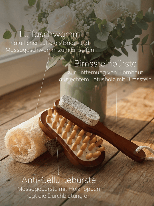 Luffaschwamm, Bimssteinbürste, Anti-Cellulitebürste aus dem Wellness-Geschenkset. Achtsame Geschenke für Frauen von Alles auf Anfang in Bedburg, NRW