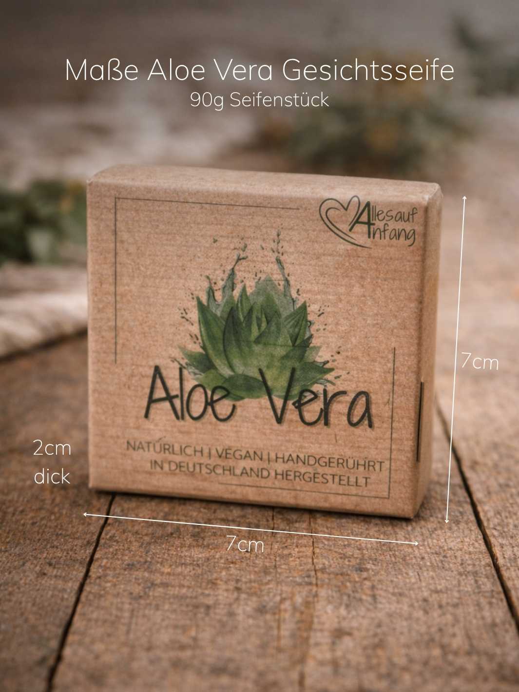 Maßangaben von handgerührter Aloe-Vera-Gesichtsseife. Achtsame Geschenke für Frauen bei Alles auf Anfang in Bedburg, NRW