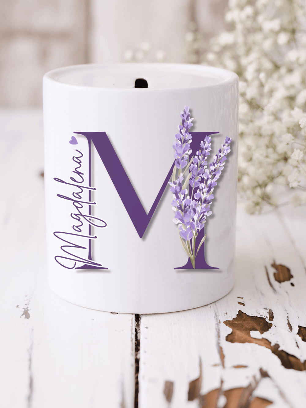 LAVENDEL BUCHSTABE Spardose - Alles auf Anfang - personalisierte Geschenke für Frauen