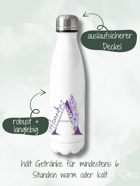 LAVENDEL BUCHSTABE Trinkflasche - Alles auf Anfang - personalisierte Geschenke für Frauen