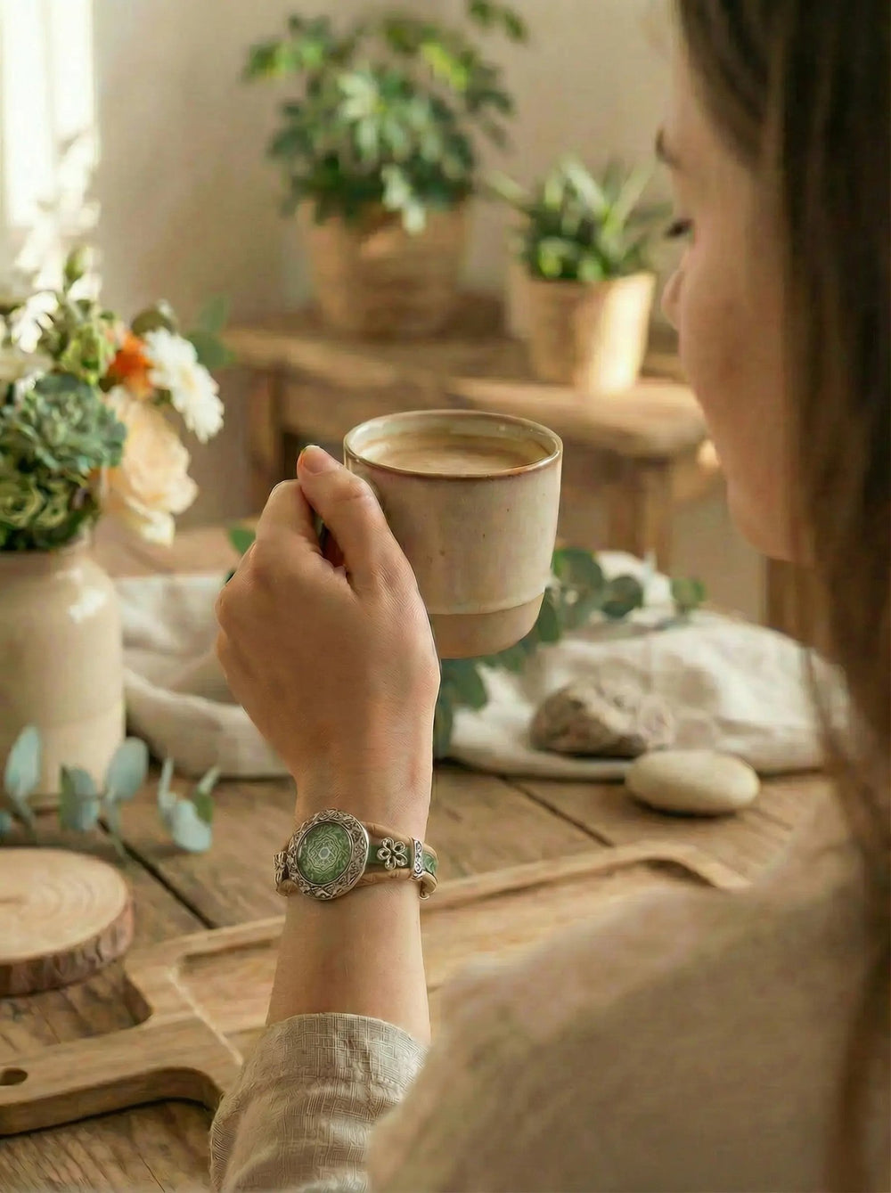 Tragebild am Arm einer Frau vom Armband Mandala ausportugiesischem Kork mit Glasapplikation. Achtsame Geschenke für Frauen bei Alles auf Anfang in Bedburg, NRW