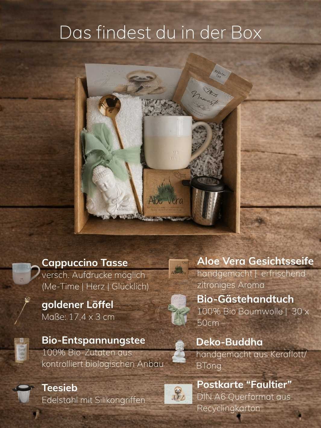 Inhaltsliste Geschenkbox Me-Time von Alles auf Anfang, achtsame Geschenke für Frauen aus Bedburg, NRW. 