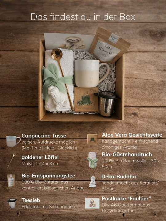 Inhaltsliste Geschenkbox Me-Time von Alles auf Anfang, achtsame Geschenke für Frauen aus Bedburg, NRW. 