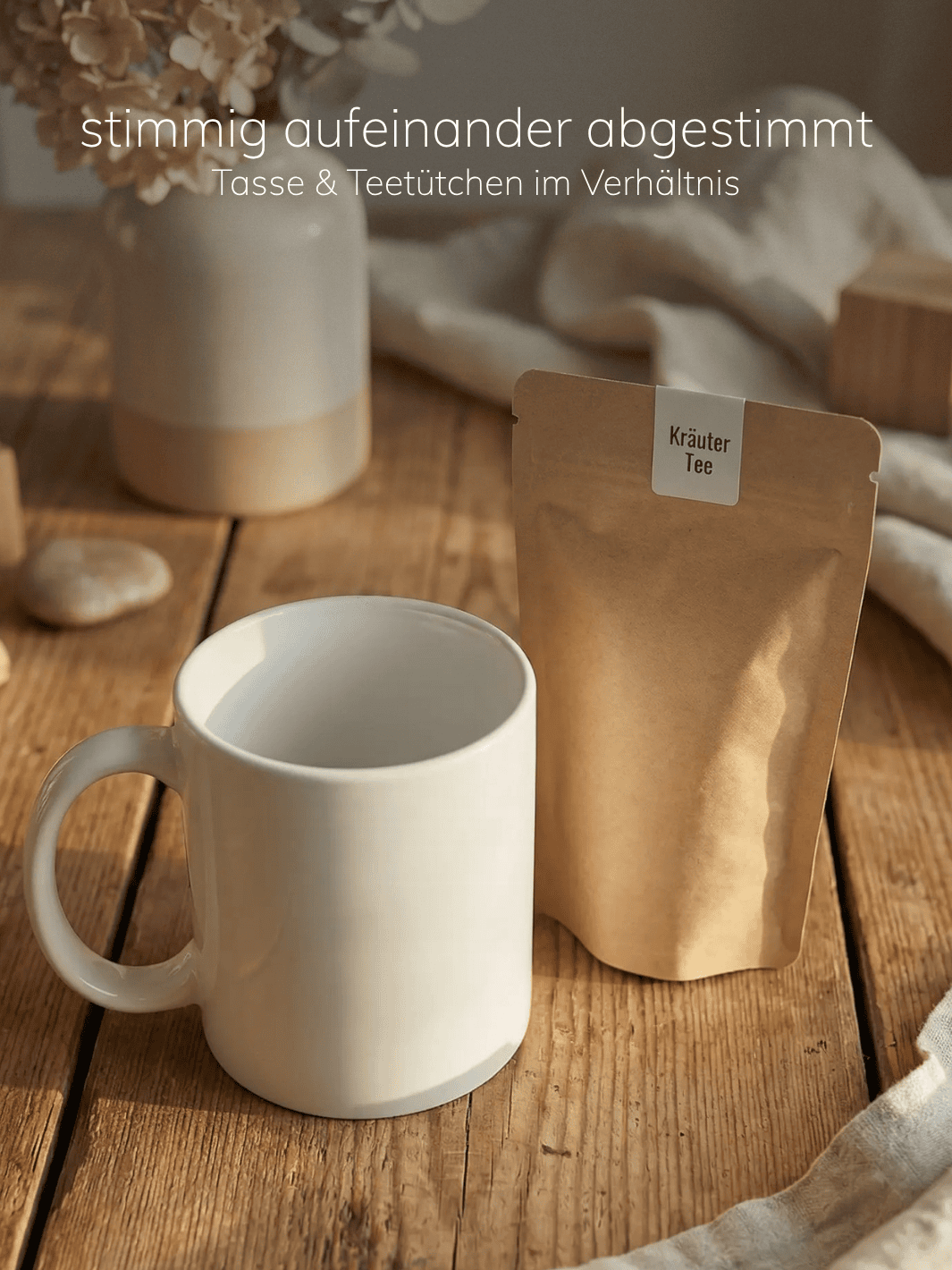 Größenvergleich Tee-Geschenktütchen zu Keramiktasse, achtsame Geschenke für Frauen bei Alles auf Anfang in Bedburg, NRW