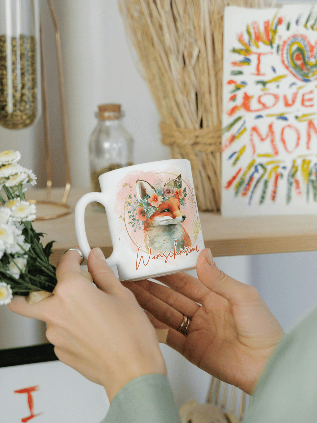 Motiv Fuchs- Personalisierbare Keramiktassen, handgefertigt in Deutschland, individuelles Geschenk für Freundin, nachhaltige Tasse für Kaffee oder Tee, liebevoll gestaltetes Motiv, personalisierbar mit Name