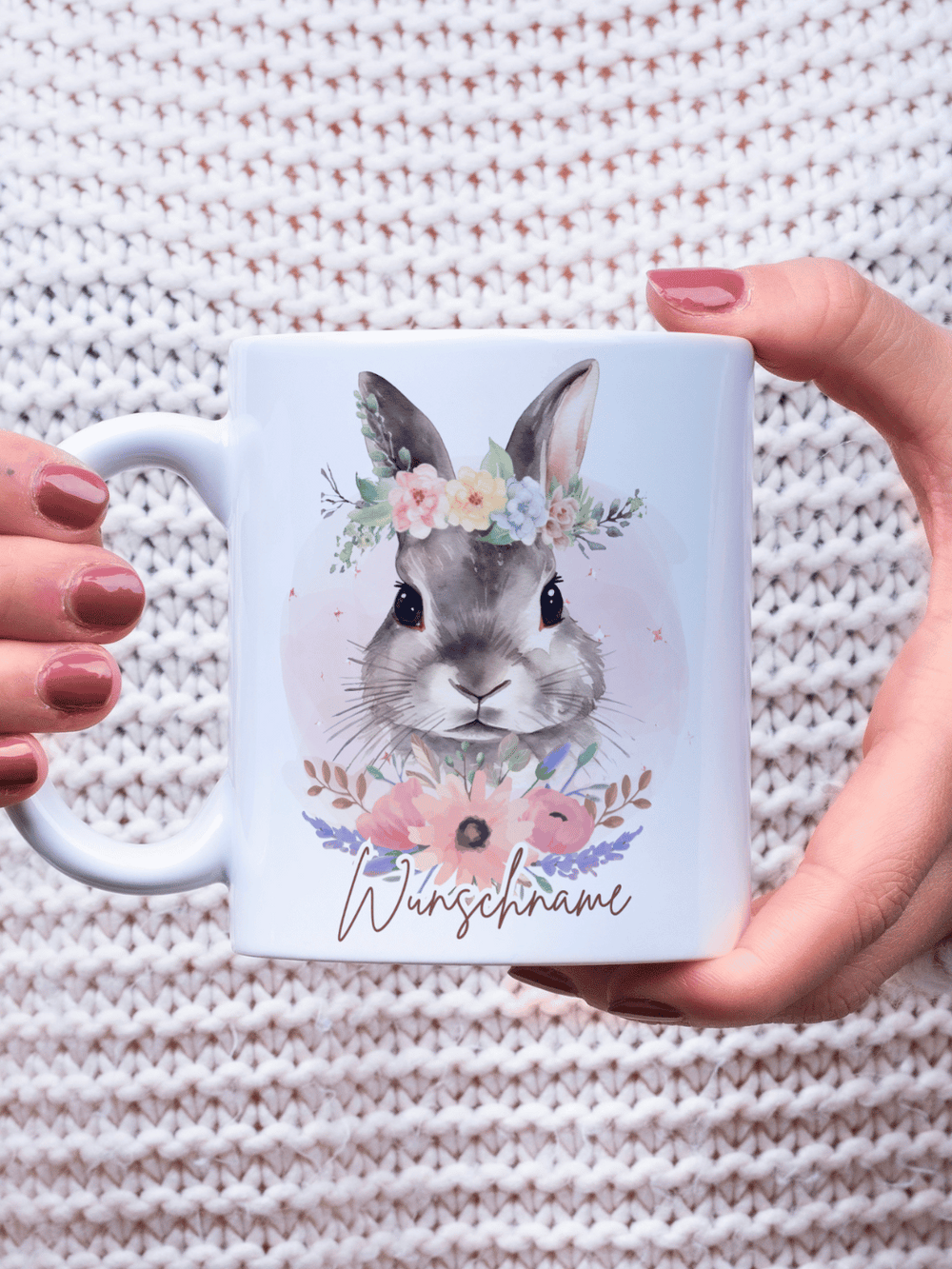 Motiv Hase - Personalisierbare Keramiktassen, handgefertigt in Deutschland, individuelles Geschenk für Freundin, nachhaltige Tasse für Kaffee oder Tee, liebevoll gestaltetes Motiv, personalisierbar mit Name